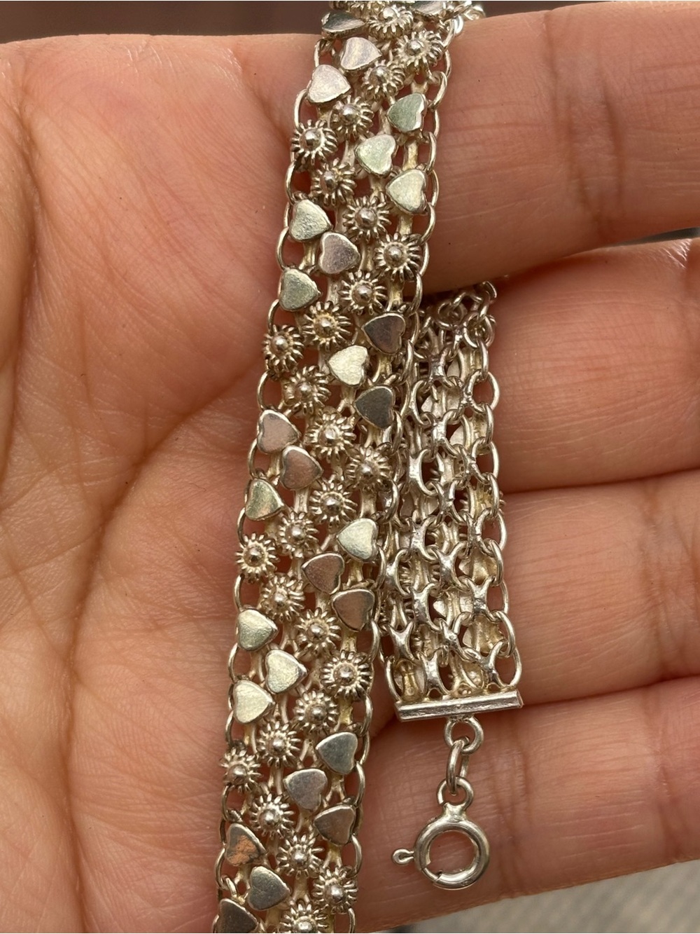 Vintage 925 Sterling Silver Heart Flower Bracelet 7-8” Adjustable Wide Mesh